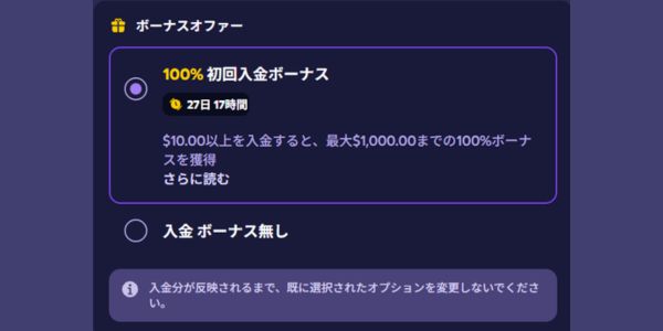 ルーベットの初回入金ボーナス選択
