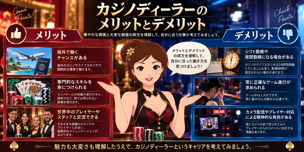 カジノディーラーとして働くメリットとデメリットを比較する画像
