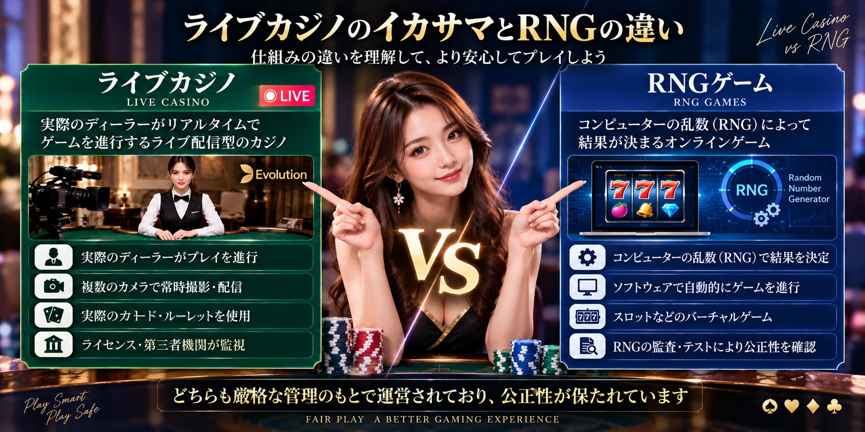ライブカジノとRNGを使用するオンラインゲームの仕組みの違いを比較
